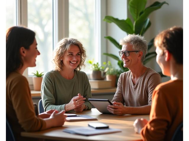 Two diverse adults over 35 smiling, engaged in a vibrant indoor community wellness workshop, bathed in warm, natural light. One holds a healthy green smoothie, the other gestures thoughtfully. The setting is modern and inviting, blending natural elements with clean design.