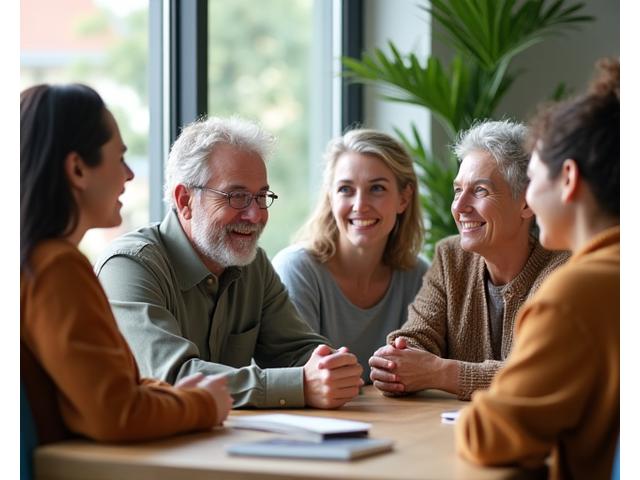 Diverse group of adults smiling, engaged in discussion in a bright, modern setting, symbolizing community and connection.