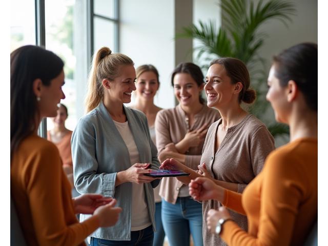 Diverse group of adults interacting happily in a modern, light-filled wellness center, showing community and support.