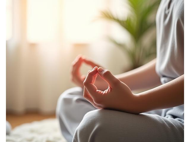 A person meditating in a peaceful, sunlit room, symbolizing stress relief and mental clarity.
