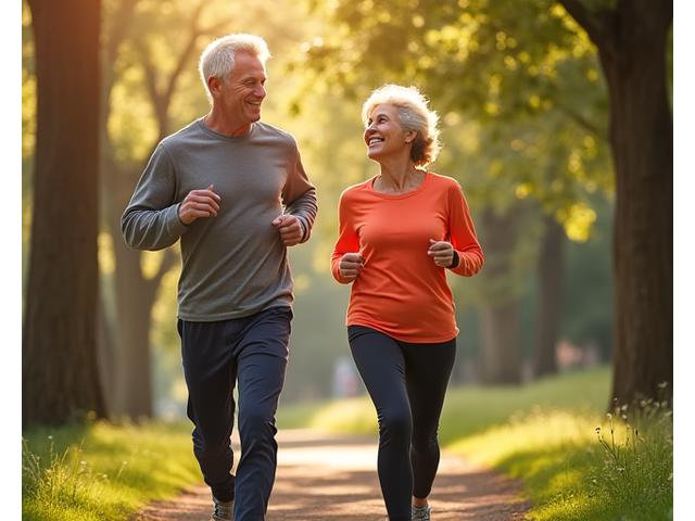 An older couple jogging in a park, embodying active aging and vitality.
