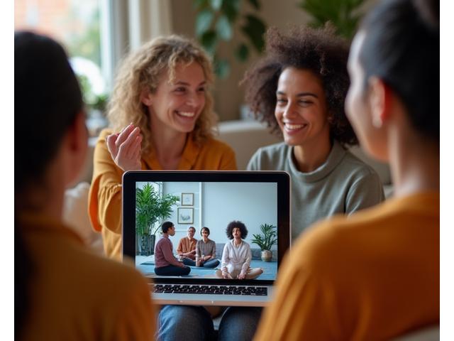 A group of diverse adults participating in a virtual yoga class on a tablet, showing community and accessible wellness.