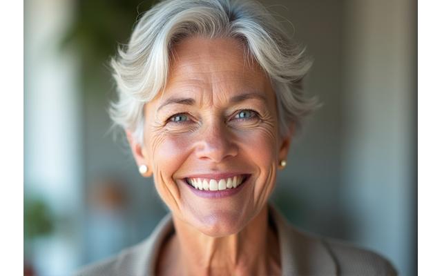 Vibrant woman in her 50s smiling confidently, reflecting health and energy