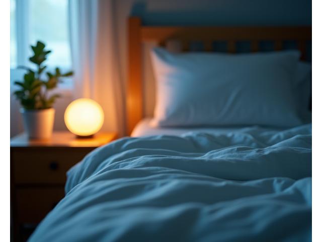 A peaceful bedroom scene with soft lighting, symbolizing restful sleep, possibly with a subtle overlay of sleep tracking data.