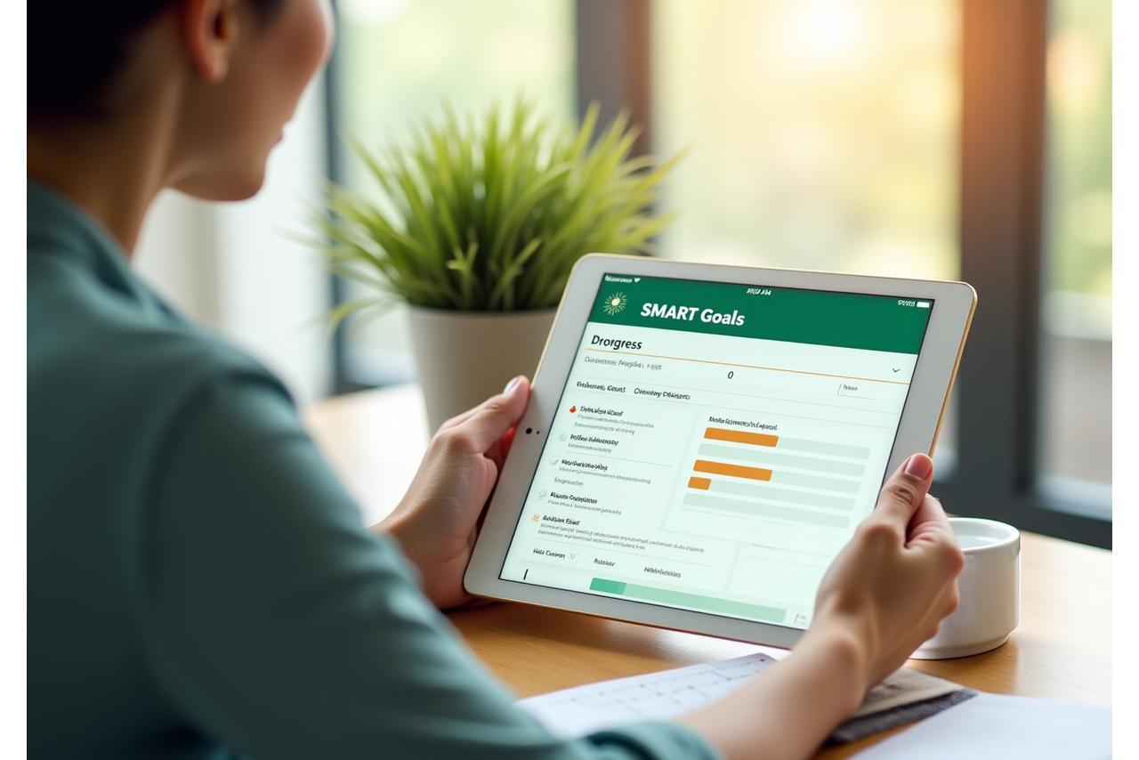 Woman interactively setting a wellness goal on a tablet with visual progress bars and milestone indicators.