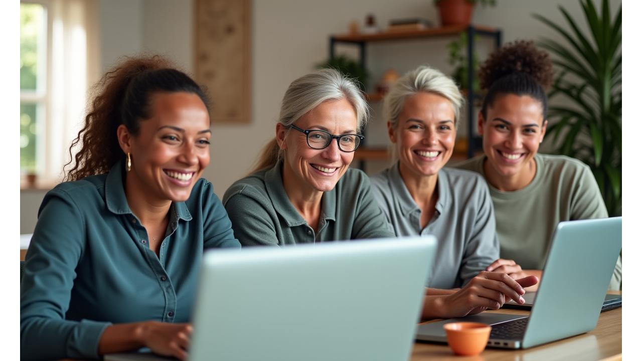 A diverse group of adults participating in a virtual wellness workshop, smiling and engaged on their laptops, with natural light and a modern, calm background.