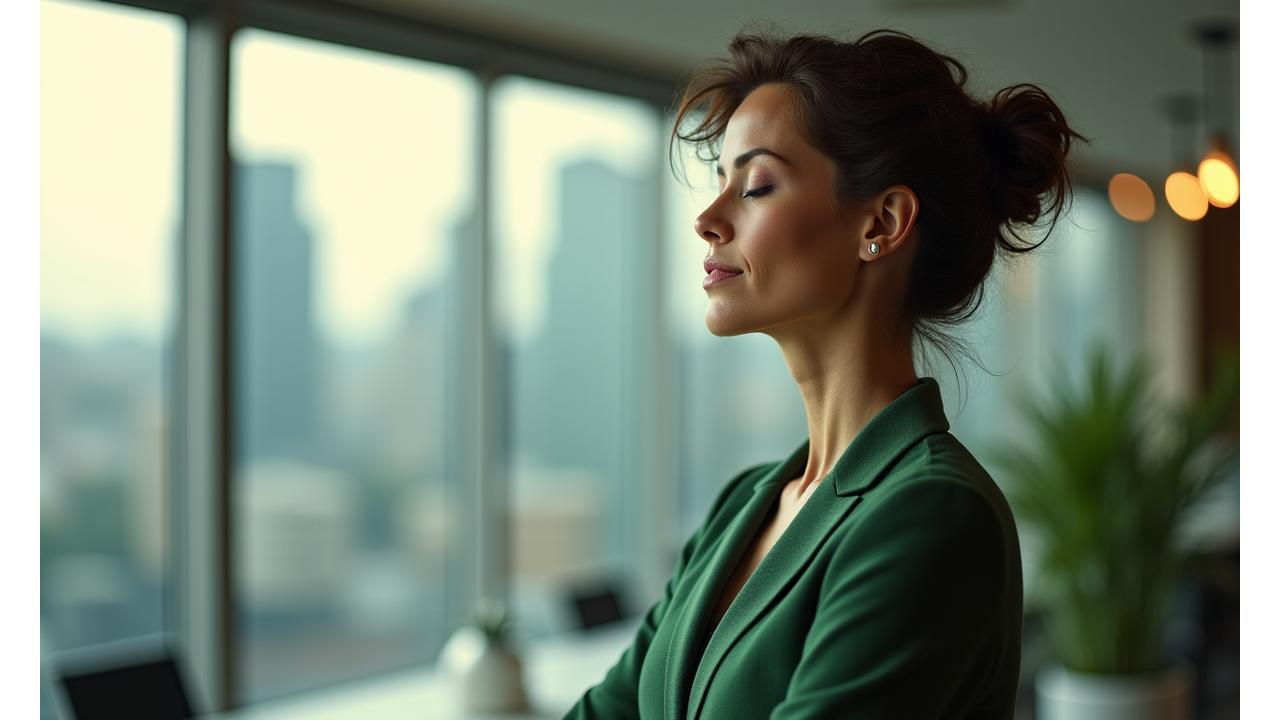 Professional woman finding peace through meditation amidst a modern office setting, signifying work-life balance.