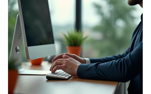 Professional demonstrating a simple desk stretch in a modern office, depicting micro-workouts.