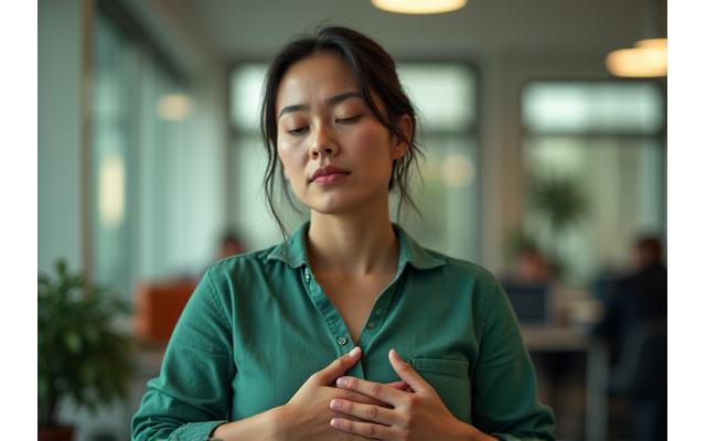 Person taking a deep, calming breath at their desk, illustrating stress management techniques.